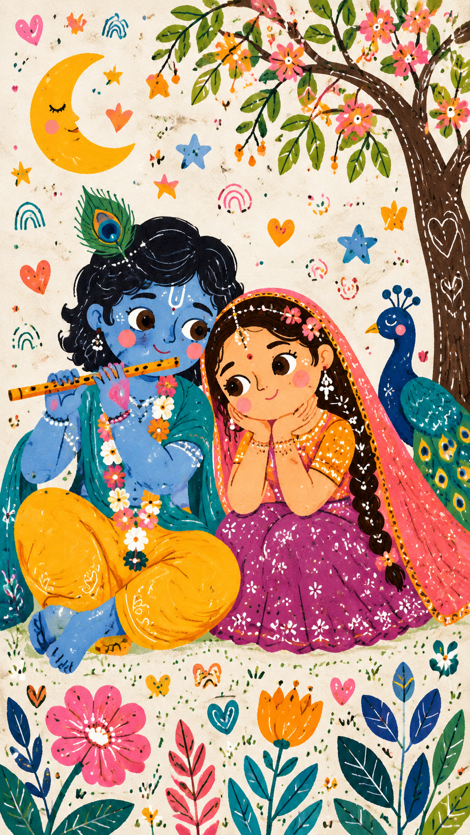 Transform the given image into a charming Decorative Folk Flat Illustration with playful doodle elements and a bold vibrant color palette completely different from the original image. Simplify all details into clean flat shapes with handmade imperfect outlines, soft paper textures, and a whimsical childlike storybook feel. Turn the characters into cute stylized figures with expressive eyes and rosy cheeks, and decorate the scene with stars, hearts, flowers, leaves, moons, swirls, and abstract doodles. Keep the artwork cozy, magical, colorful, and aesthetic, as if hand-drawn on textured white paper using gouache and marker pens.